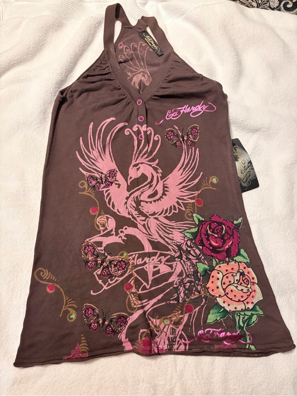 Ed Hardy Brown Halter Camisole with Pink Graphic